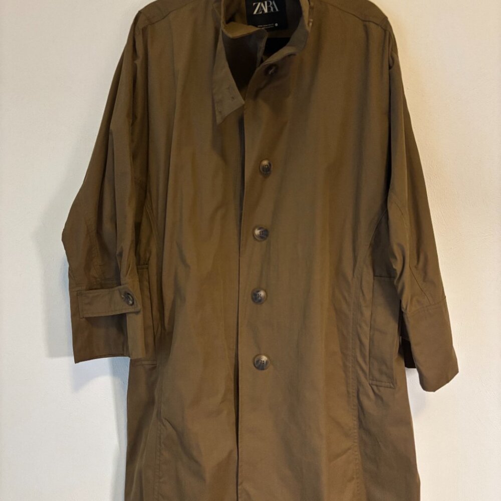 ZARA Oversized Khaki Trench Coat – Funnel Neck Minimalist Utility Style - Picture 3 of 6